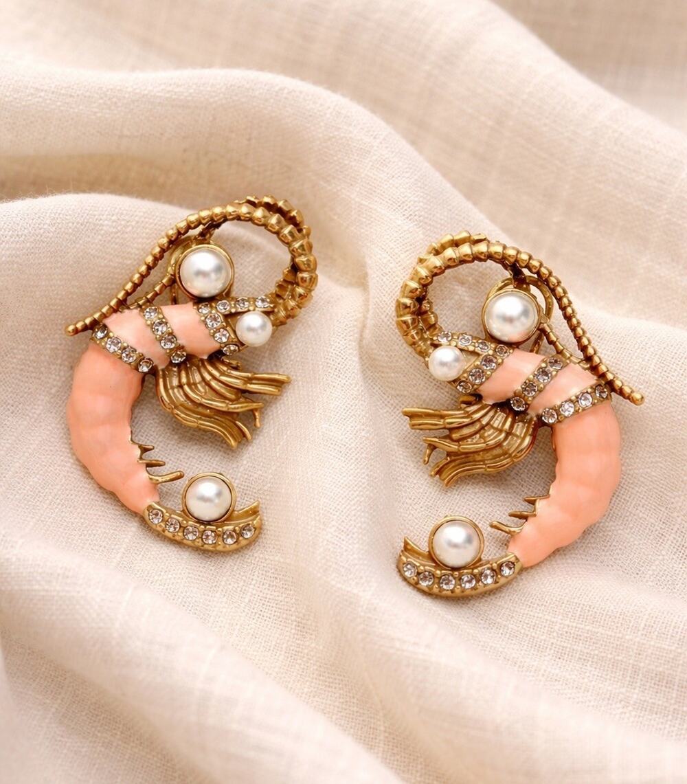 Lobster Fish Antique Museum Earrings Gold Vtg Cz Court Art Marine Nautical Boho